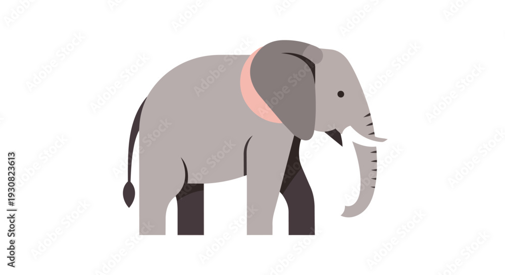Obraz premium Stylized minimalist illustration of a gentle grey elephant with a pale pink collar and tusks standing against a pure white background