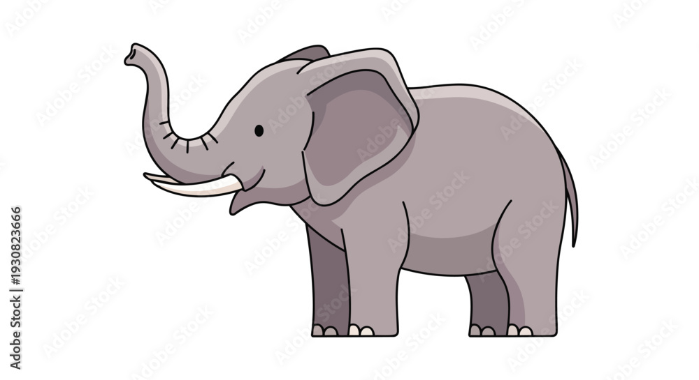 Fototapeta premium Adorable cartoon illustration of a friendly grey elephant with tusks and trunk raised in a playful stance against a white background