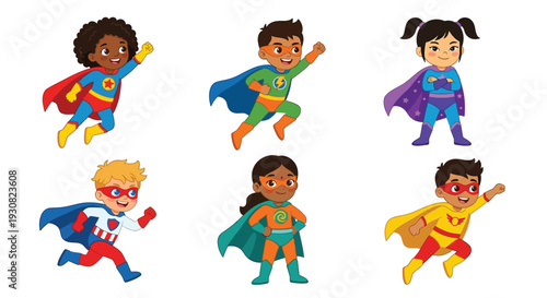Diverse group of children dressed as superheroes flying and running