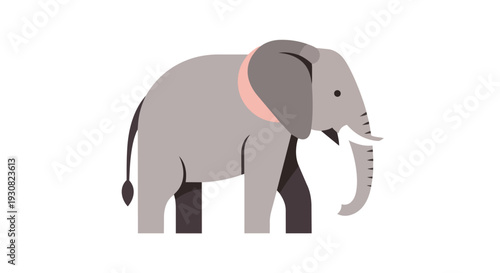 Stylized minimalist illustration of a gentle grey elephant with a pale pink collar and tusks standing against a pure white background
