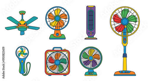Colorful collection of various electric fans in a flat vector illustration