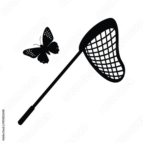 Silhouette of butterfly and butterfly net, simple and elegant design for various uses, silhouette vector illustration, butterfly net silhouette vector illustration