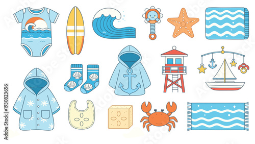 Cute baby stickers collection with toys, clothes, and accessories on a playful beach scene