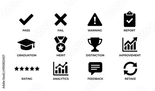 Educational icons: pass, fail, warning, report, graduation, merit, distinction, improvement, analytics