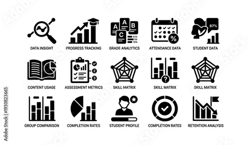 Data visualization icons for education and performance tracking