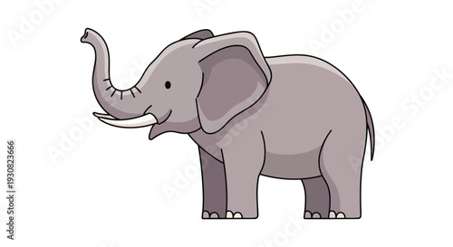 Adorable cartoon illustration of a friendly grey elephant with tusks and trunk raised in a playful stance against a white background