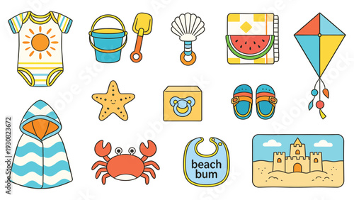 Cute baby stickers with toys clothes and accessories collection set on a playful summer background