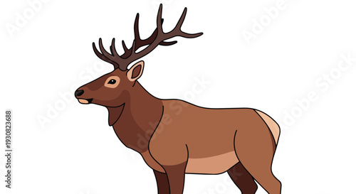 A stylized, brown elk with large antlers stands gracefully against a clean white background, showcasing its majestic profile