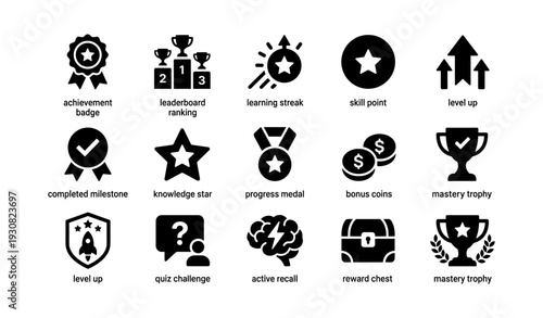 Achievement icons: trophies, badges, and skill points for gamers