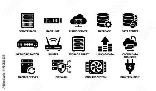 Server infrastructure and data management icons: cloud, database, security systems