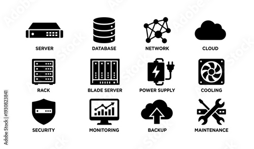 Server infrastructure icons set: database, network, cloud, rack, maintenance