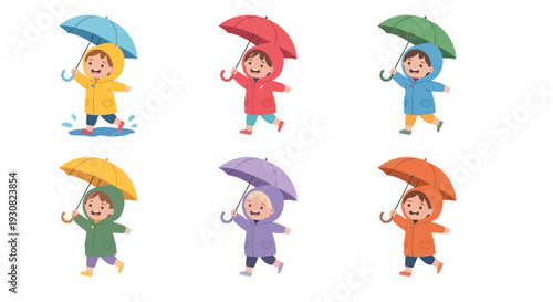 Cheerful children with colorful umbrellas enjoying a rainy day