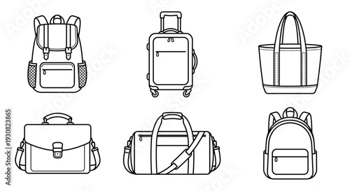 Line art illustration of various travel bags and accessories