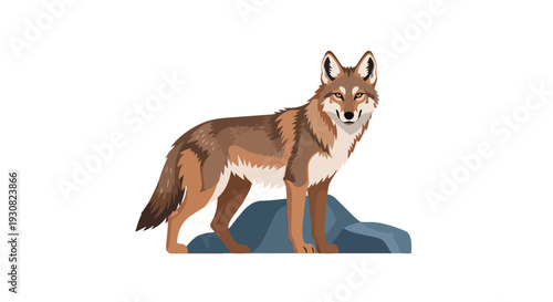 Stylized illustration of a western coyote standing alertly on a rocky outcrop against a stark white background, conveying wildness and natural beauty