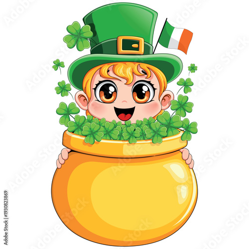 St Patrick Happy Kid Cartoon Character holding a Huge Pot of Gold full of Shamrocks Vector Illustration 
