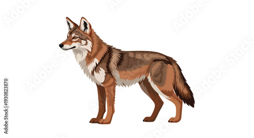 Illustration of a watchful coyote standing attentively with a detailed portrayal of its fur and alert posture against a clean white background