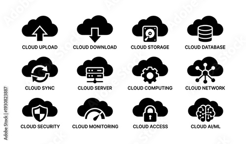 Cloud computing icons: upload, download, storage, database, sync, server, network, security, monitoring, access, ai/ml