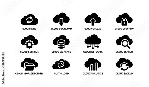 Cloud technology icons: sync, download, upload, security, settings, database, network, search, storage, multi-cloud, analytics, backup