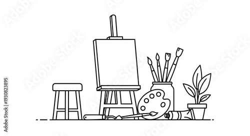 Artists Easel with Paints and Brushes.