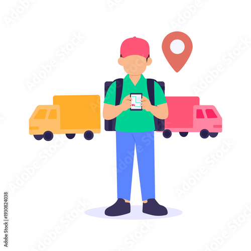 Fleet Location Monitoring, tracking vehicles in real time, Flat vector character illustration