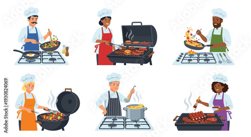 Diverse chefs preparing various meals on stoves and grills