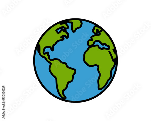 A colorful vector illustration of the Earth with green continents and blue oceans on a white background