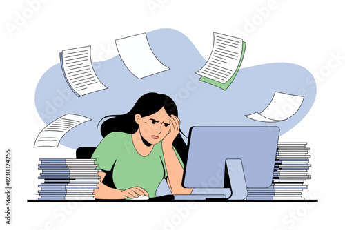 A stressed woman overwhelmed with paperwork at her desk in a modern office setting.