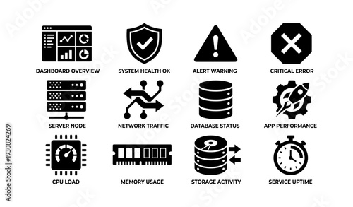 System monitoring icons: dashboard, alert, network traffic, cpu load, database status