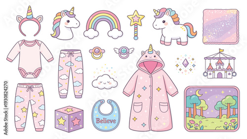 Cute baby unicorn collection set with toys, clothes, and accessories displayed in a playful arrangement