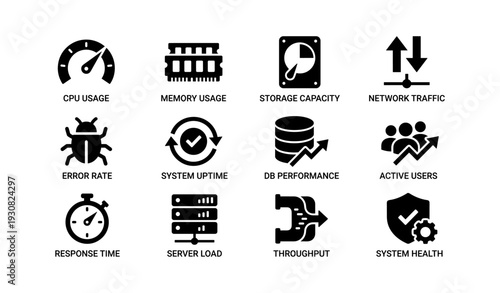 Essential metrics dashboard icons for system monitoring and performance