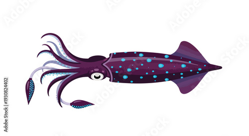 Vibrant cartoon illustration of a purple squid with blue spots and flowing tentacles isolated on a white background for a fun oceanic theme