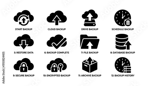 Backup process icons: cloud, drive, security, schedule, storage solutions