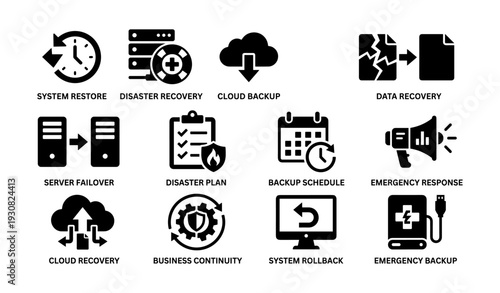 System restore disaster recovery cloud backup data recovery icons set