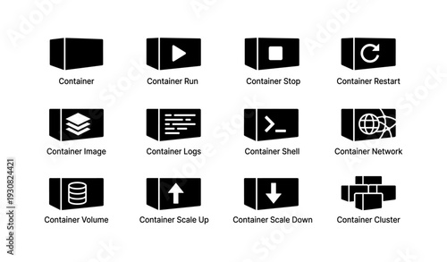 Container management icons: run, stop, restart, scale, network, cluster