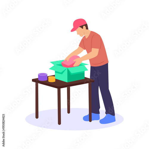 Parcel Packing, preparing shipment securely for transport, Flat vector character illustration