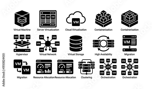 Virtualization icons set: vm, server, cloud, network, storage, migration, orchestration