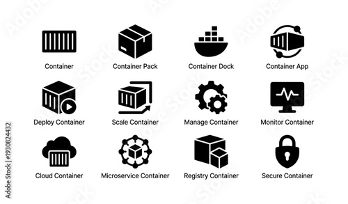 Container icons: cloud, microservice, security, deployment, management