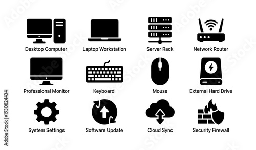 Technology icons: computer, laptop, server, router, monitor, keyboard, mouse, hard drive