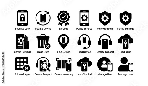 Device management icons with security, support, and configuration symbols