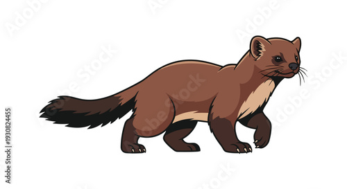 A charming cartoon illustration of a brown martens creature captured mid-stride on a stark white background