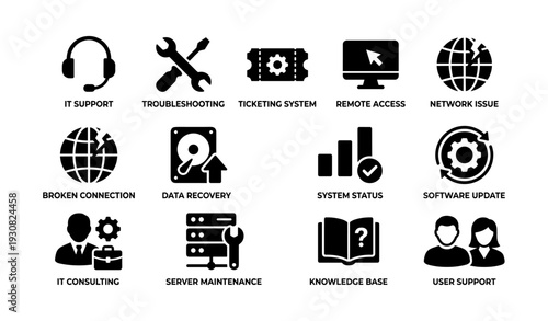 Technical support icons: it, troubleshooting, remote access, data recovery, software update
