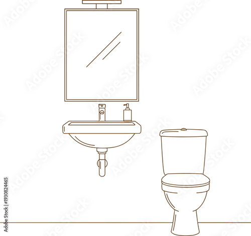 Line art illustration of a modern bathroom interior featuring a wall-mounted ceramic sink, rectangular mirror with light, and floor-standing toilet