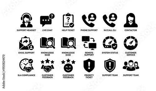 Customer support icons: helpdesk, live chat, phone, email, knowledge base, remote, feedback