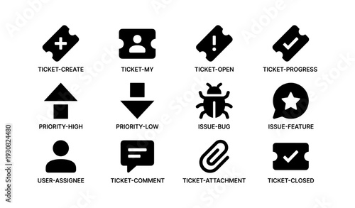 Ticket management icons for task prioritization and issue tracking