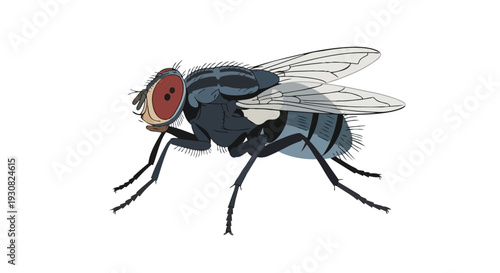 Detailed cartoon illustration of a common housefly showcasing its compound eyes, translucent wings, and segmented body against a stark white