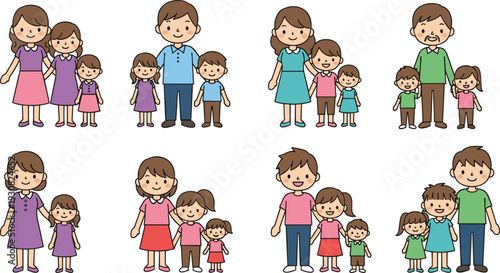 Collection of cute flat vector illustration showing happy family members with parents and children standing together in casual clothes.