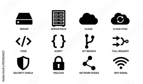 Server and technology icons: cloud, code, security, network, wifi symbols