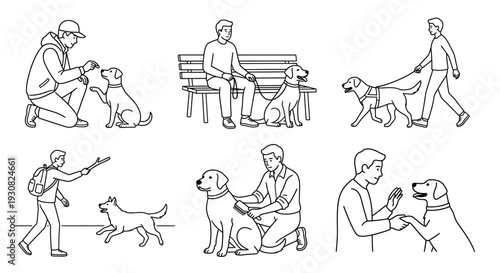 Line art illustrations of people interacting with their canine companions