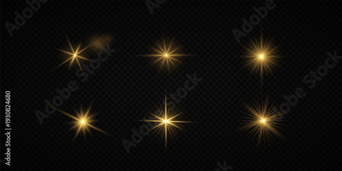 Glowing Golden Star Light Effect with Sparkle Rays and Lens Flare Illumination on Transparent Background