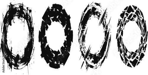 grunge oval frames set distressed ink borders with rough edgy texture for design and decoration